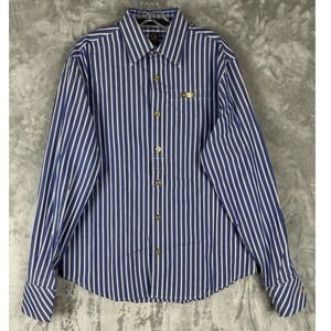 CAVI Mens Blue White Stripe Button Down Shirt Gold Logo Crest Size M
